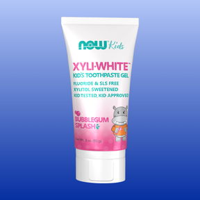 Now Kids XYLI-WHITE Bubblegum Splash toothpaste gel for kids, fluoride and SLS free, kid approved, 3 oz tube.