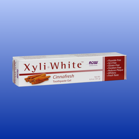 XyliWhite Cinnafresh toothpaste gel box highlighting fluoride free and fresh cinnamon taste features