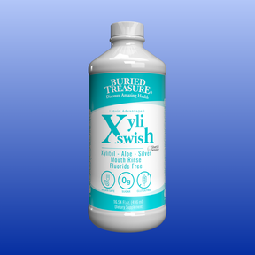Buried Treasure Xyli Swish 16 oz mouthwash with xylitol, aloe, silver, fluoride-free, sugar-free, vegan, and gluten-free.