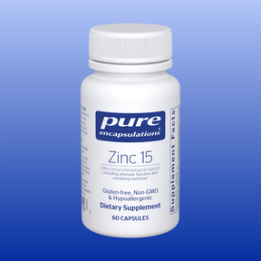 Pure Encapsulations Zinc 15 dietary supplement bottle with 60 capsules for immune and physiological support