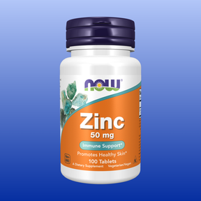 Bottle of Now Zinc Gluconate 50 mg tablets promoting immune support and healthy skin with 100 tablets in container