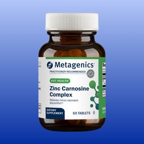 Metagenics Zinc Carnosine Complex bottle with 60 tablets for gut health and relief of minor stomach discomfort