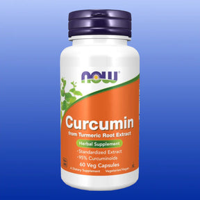Bottle of NOW Curcumin 665 mg with 60 vegetarian capsules, turmeric root extract for inflammation and joint support