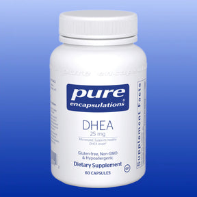 Bottle of Pure Encapsulations DHEA 25 mg dietary supplement with 60 vegan capsules on a blue background